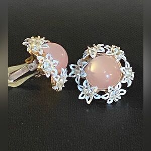 Vtg Clip Earrings/Pink Moonglow/White Enamel/Clear Rhinestone